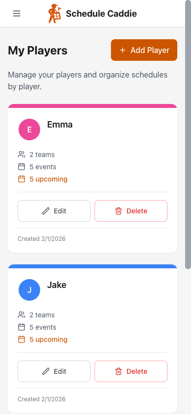 Players page showing kids - Mobile view